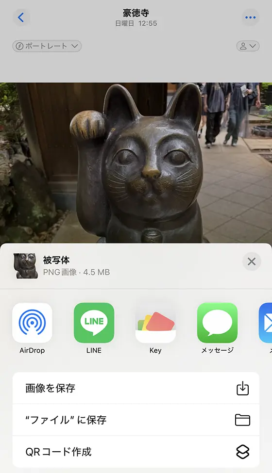写真の切り抜きたい部分を長押しして[共有…]の[画像を保存]を選択